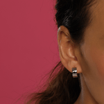 Load image into Gallery viewer, Black Rhodium and Gold Reversible Dream Hoops (Medium) with Diamond and Blue Sapphire