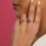 Load image into Gallery viewer, Three Gems Evil Eye Ring 
with Orange Sapphire and Emerald