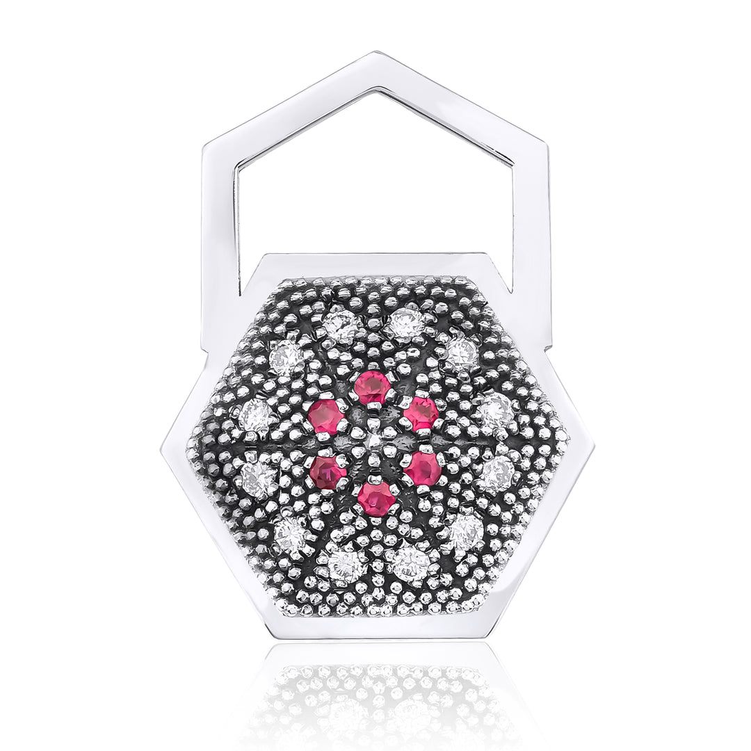 Black Rhodium Gold HexaGlow Badge Earring with Ruby and Diamond