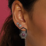 Load image into Gallery viewer, Black Rhodium Gold HexaGlow Badge Earring with Ruby and Diamond
